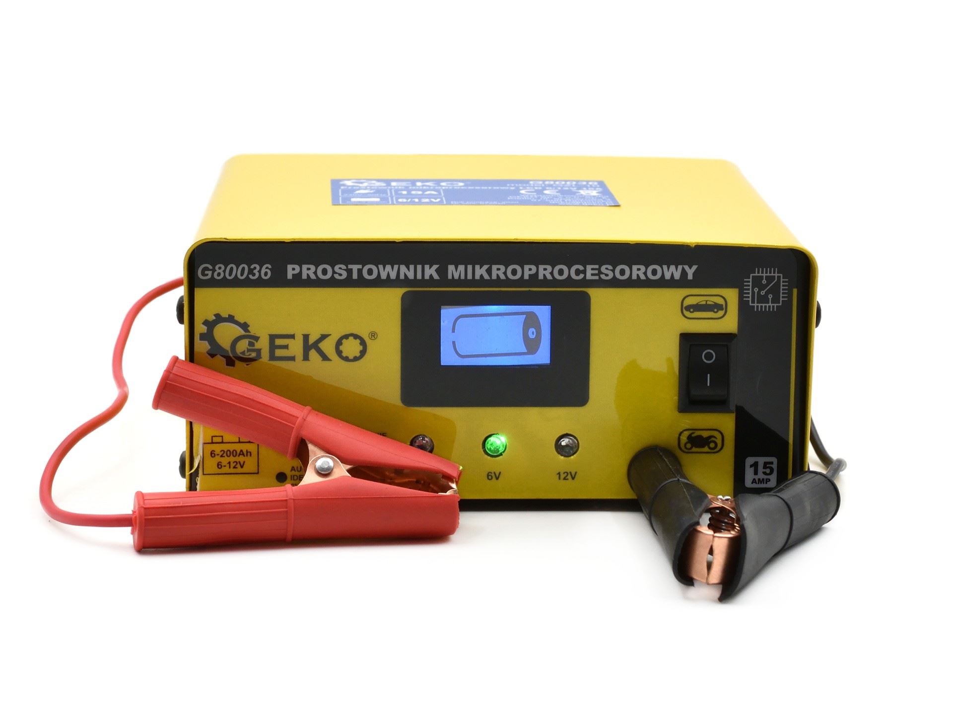 Nabíjačka autobatérií mikroprocesorová LCD 6/12V 15A - GEKO G80036