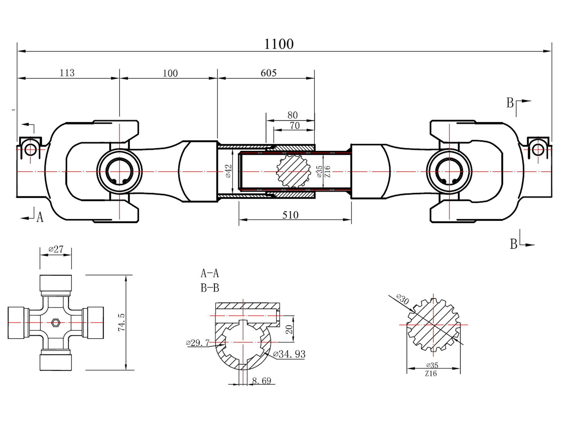 Kĺbový hriadeľ KARDAN 110cm drážkový - GEKO G72315