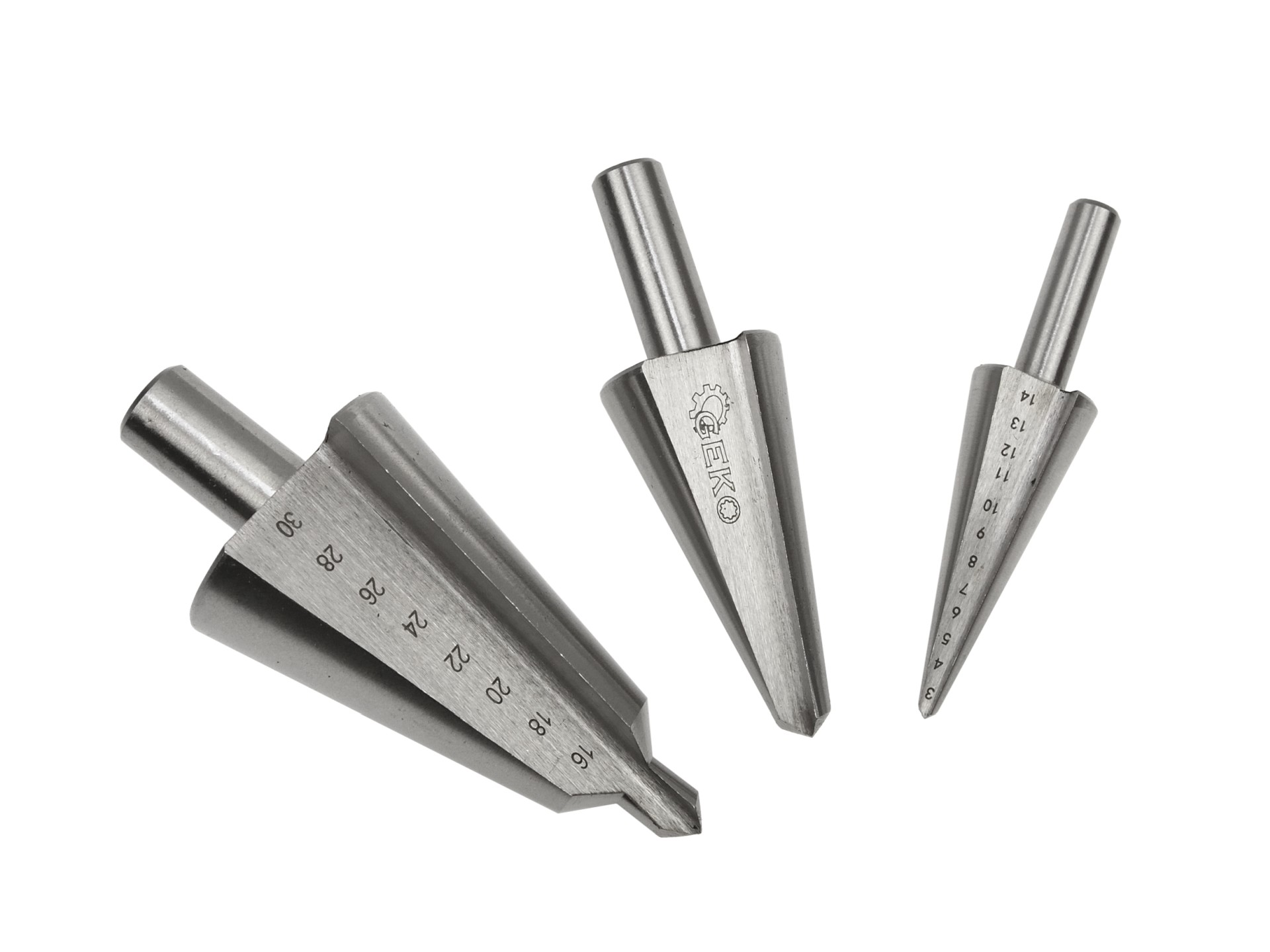 Súprava stupňovitých vrtákov 3 ks. 3-30 mm, GEKO G38573