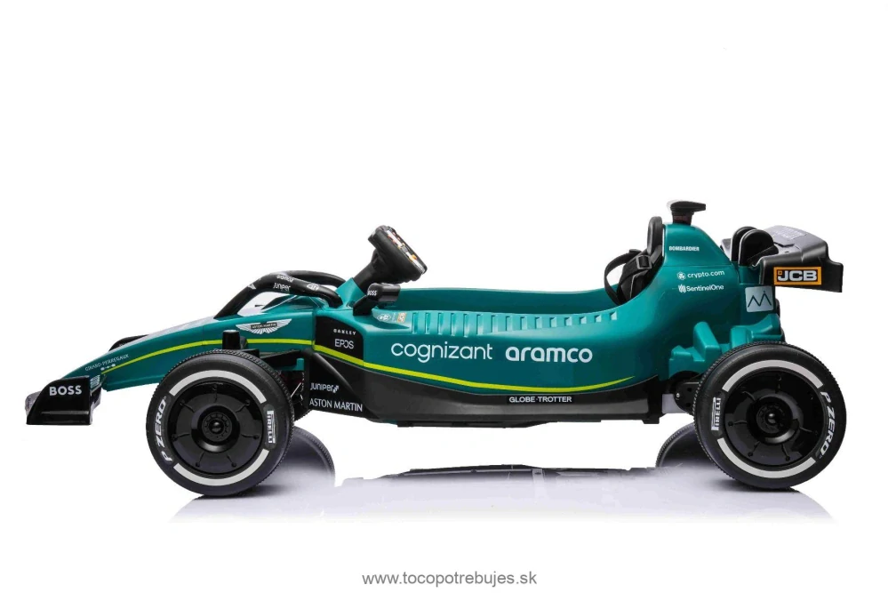 Licencovaná elektrická Formula Aston Martin ARAMCO, zelená, 2 x 35W Motor, Eva kolesá, MP3 Prehrávač s AUX/USB, Koženkové sedadlo, 12V/10Ah Batéria, Odpruženie, LED svetlá