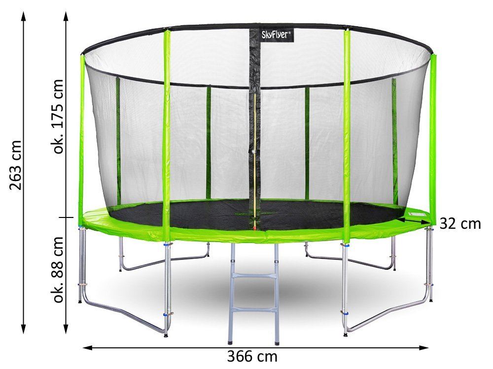 SkyFlyer Záhradná trampolína 366cm 12FT s ochrannou sieťou a rebríkom, zelená