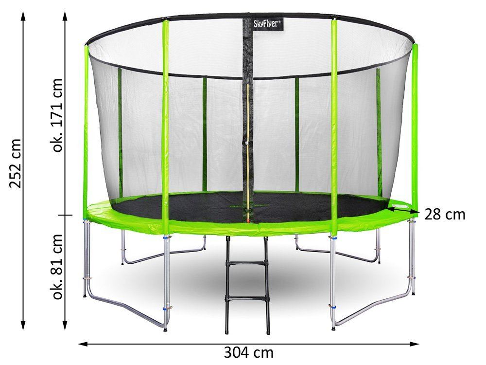 SkyFlyer Záhradná trampolína 304cm 10FT s ochrannou sieťou a rebríkom, zelená