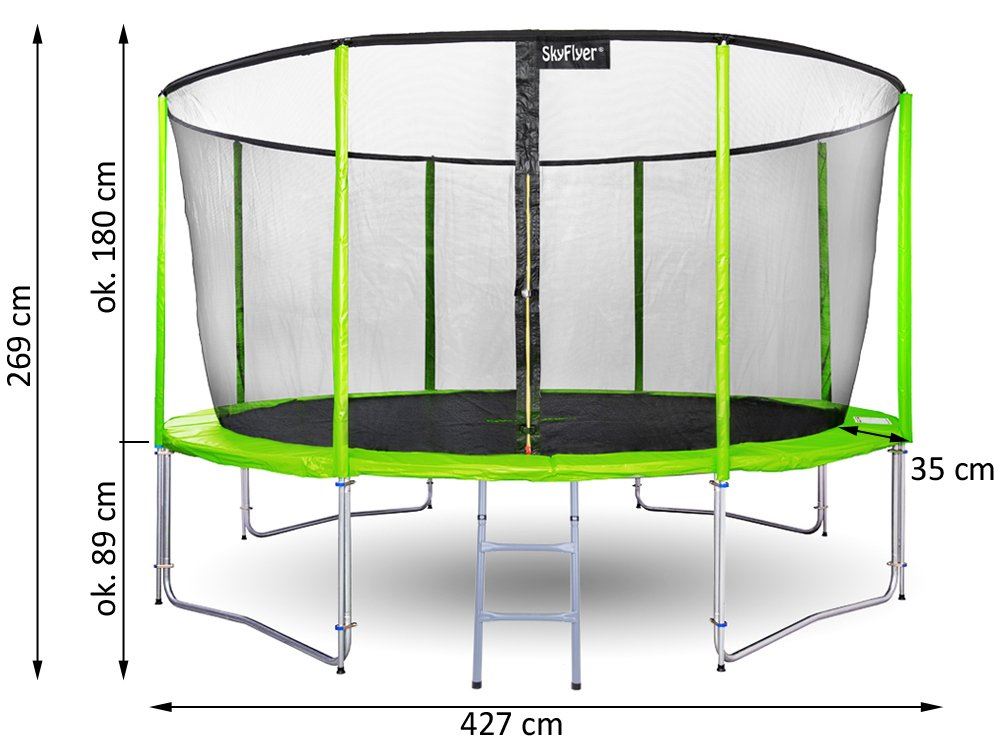 SkyFlyer Záhradná trampolína 427cm 14FT s ochrannou sieťou a rebríkom, zelená