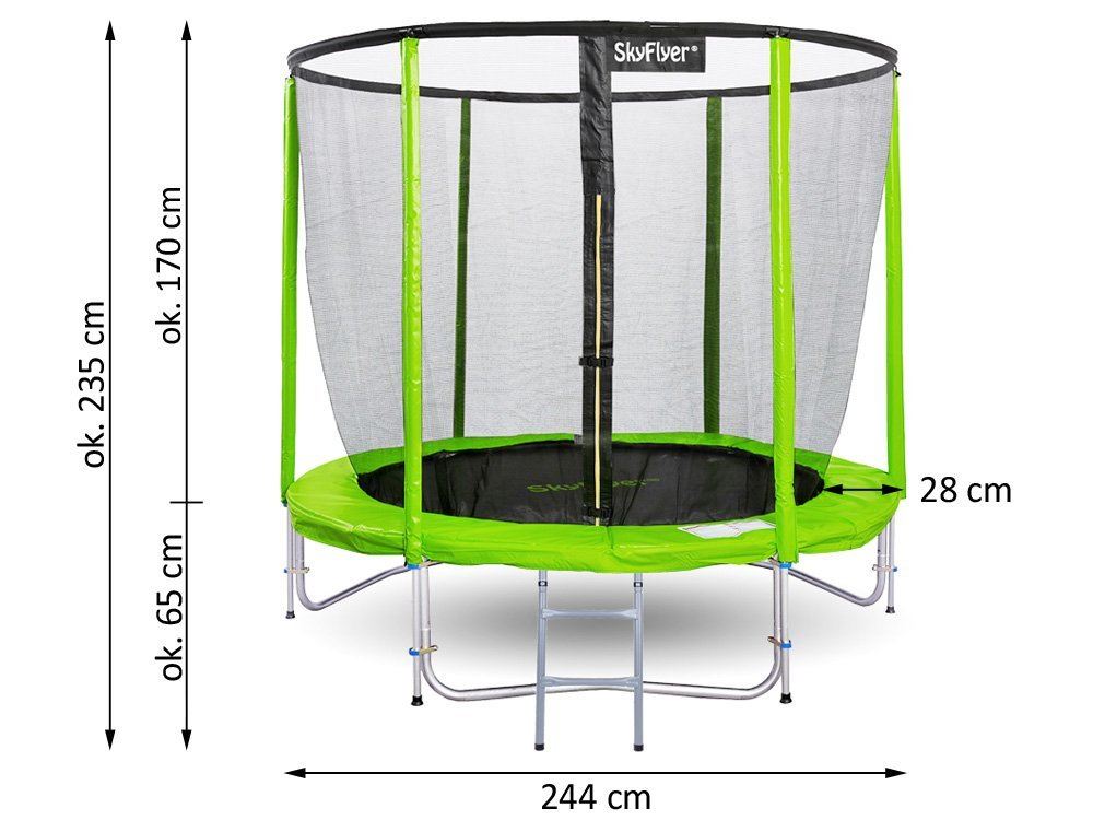 SkyFlyer Záhradná trampolína 244cm 8FT s ochrannou sieťou a rebríkom, zelená