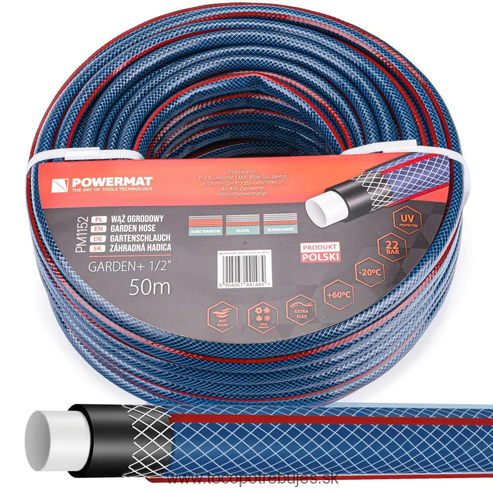 Záhradná hadica 1/2" 50m na vodu 4-vrstvová - POWERMAT PM1152