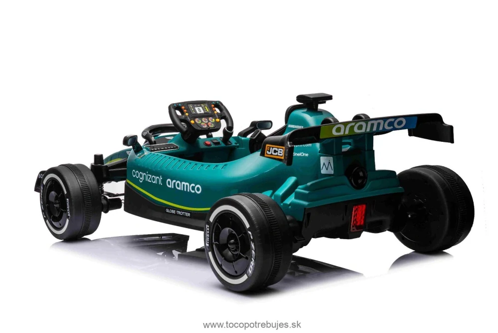 Licencovaná elektrická Formula Aston Martin ARAMCO, zelená, 2 x 35W Motor, Eva kolesá, MP3 Prehrávač s AUX/USB, Koženkové sedadlo, 12V/10Ah Batéria, Odpruženie, LED svetlá