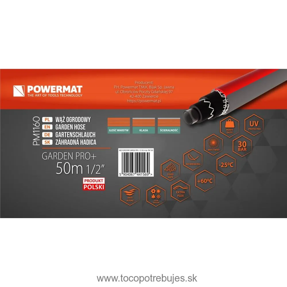 Záhradná hadica 1/2″ 50m 6 vrstiev GARDEN PRO+ - POWERMAT PM1160