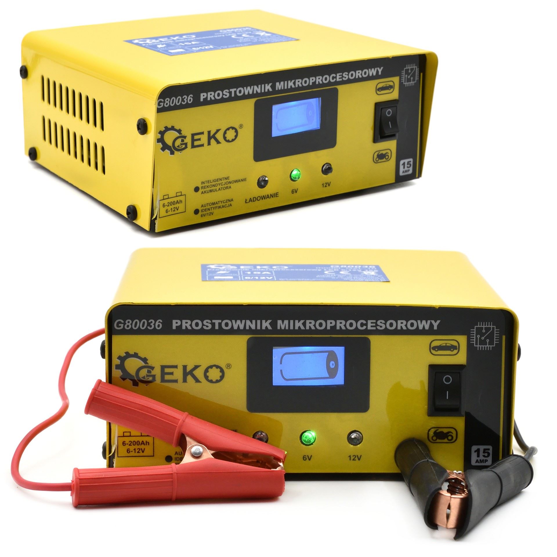 Nabíjačka autobatérií mikroprocesorová LCD 6/12V 15A - GEKO G80036