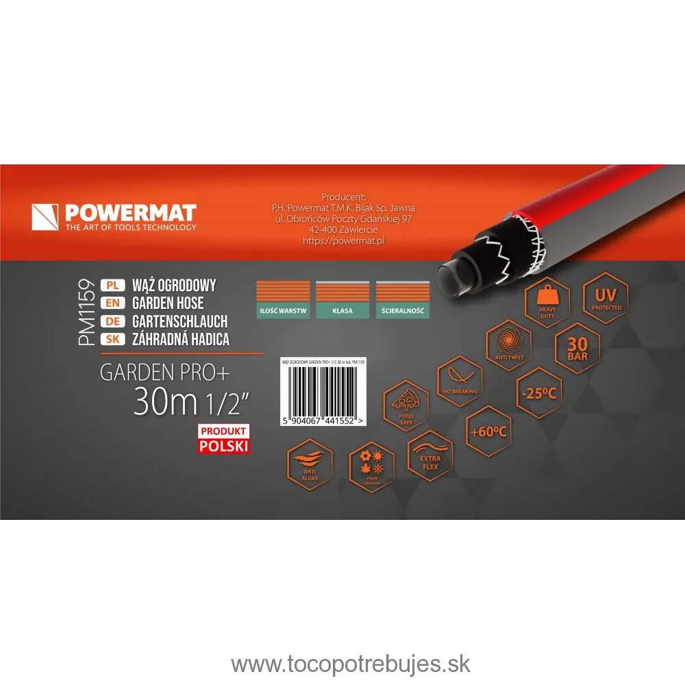 Záhradná hadica 1/2″ 30m 6 vrstiev GARDEN PRO+ - POWERMAT PM1159