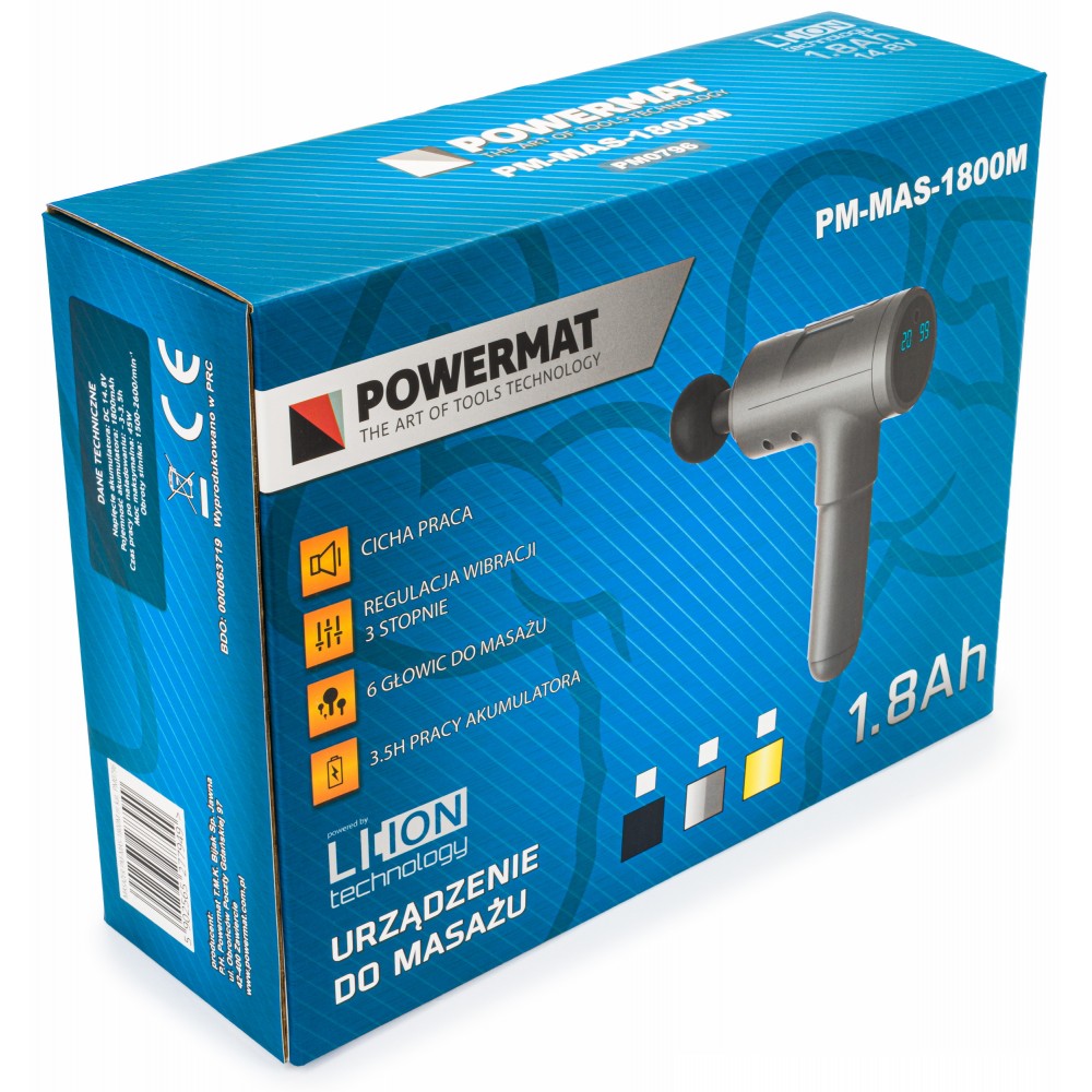 Masážna pištoľ (1800mAh) + 6 hlavíc PM-MAS-1800BM