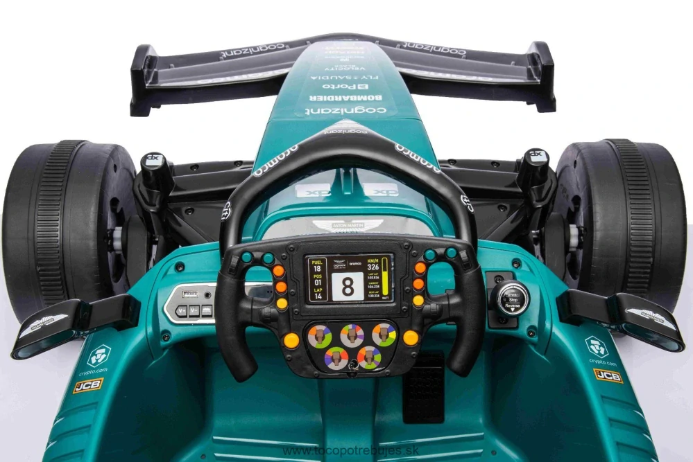 Licencovaná elektrická Formula Aston Martin ARAMCO, zelená, 2 x 35W Motor, Eva kolesá, MP3 Prehrávač s AUX/USB, Koženkové sedadlo, 12V/10Ah Batéria, Odpruženie, LED svetlá