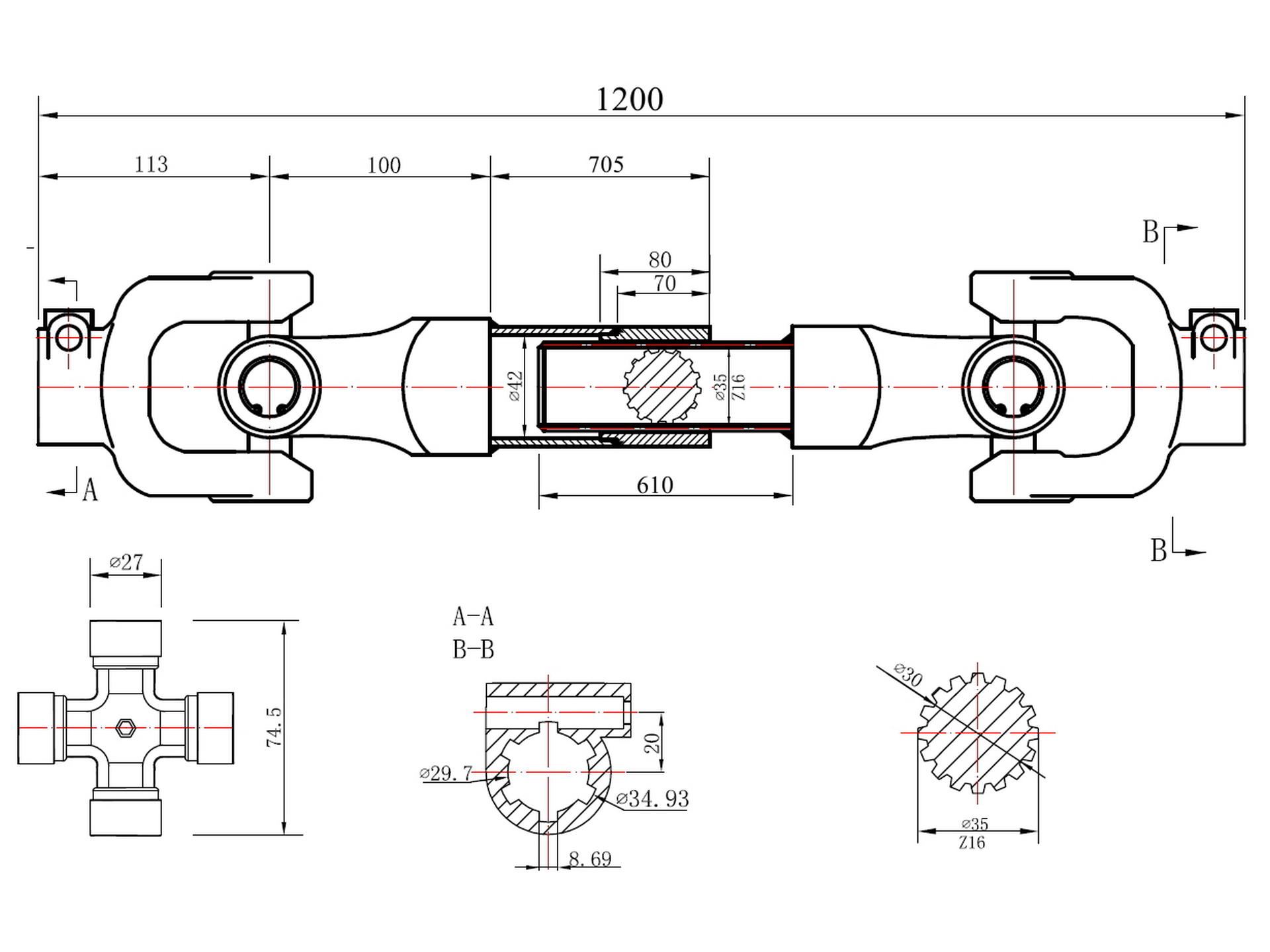 Kĺbový hriadeľ 120cm/12cm/25cm - GEKO G72312