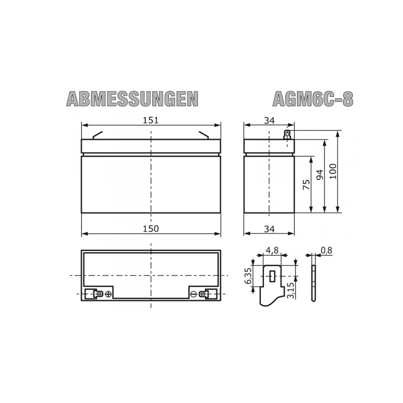 Baterie 6V/8Ah AGM06C-0008 - ROTEK BAT042