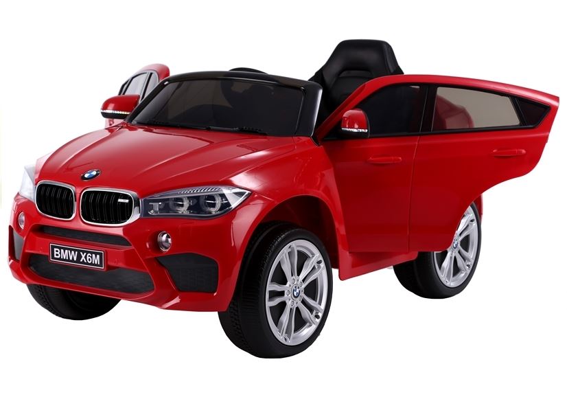 Pehi elektrické autíčko BMW X6M new jednomiestne červené EVA kolesá kožené sedadlo 12V 24 GHz do 2x motor USB SD karta original licencia