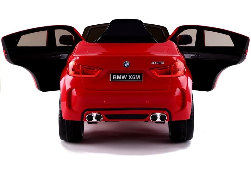 Pehi elektrické autíčko BMW X6M new jednomiestne červené EVA kolesá kožené sedadlo 12V 24 GHz do 2x motor USB SD karta original licencia