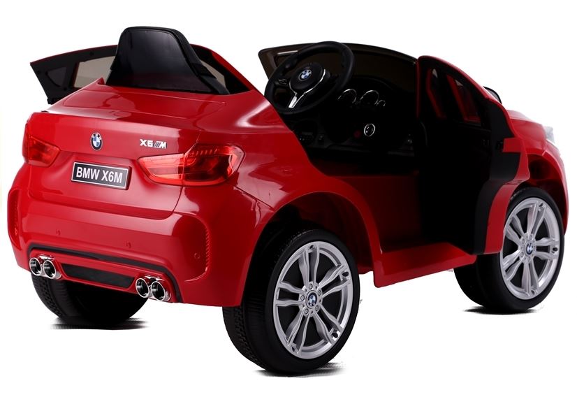 Pehi elektrické autíčko BMW X6M new jednomiestne červené EVA kolesá kožené sedadlo 12V 24 GHz do 2x motor USB SD karta original licencia