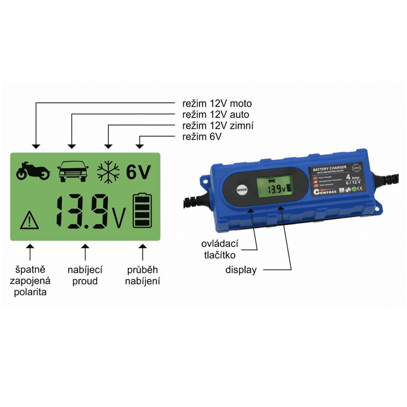 Nabíjačka mikroprocesor 3,8A 6 / 12V PB / GEL LCD display - Compass 33658