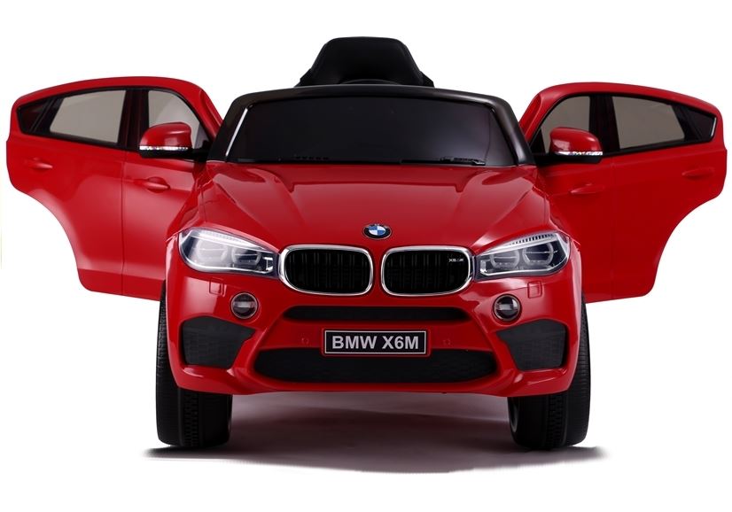 Pehi elektrické autíčko BMW X6M new jednomiestne červené EVA kolesá kožené sedadlo 12V 24 GHz do 2x motor USB SD karta original licencia