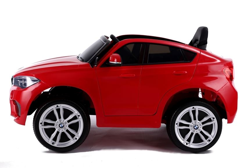Pehi elektrické autíčko BMW X6M new jednomiestne červené EVA kolesá kožené sedadlo 12V 24 GHz do 2x motor USB SD karta original licencia